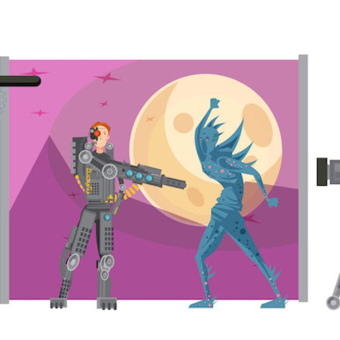 Making movie composition with actors in costumes on outer space background director with technical staff vector illustration